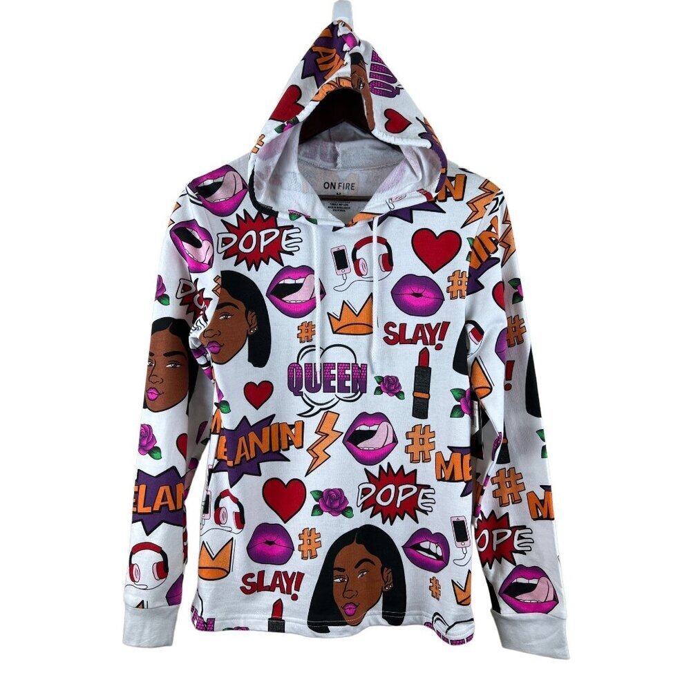 On Fire Queen Dope Melanin White Hooded Long Sleeve Size Medium Black Girl Magic